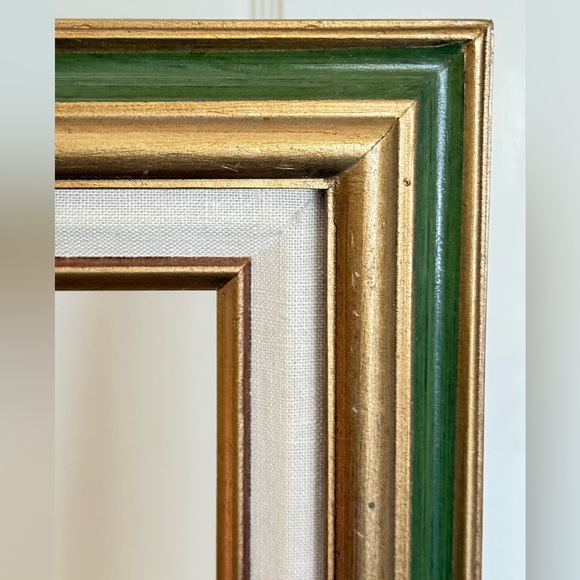 Vintage Set/2  Elegant Gold Gilt/Olive Green Wood, Cream Linen, Frame Set - Picture 8 of 15